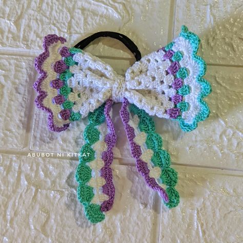 Crochet Ribbon Hair Tie, Ribbon Hair Tie, Crochet Ribbon, Ribbon Hair Ties, Crochet Dreams, Crochet Bow, Mercerized Cotton Yarn, Crochet Bows, Purple And Teal