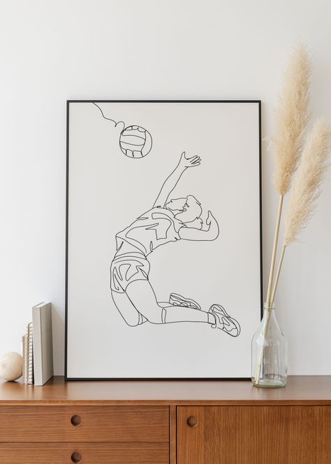 Volleyball Line Art, Volleyball Art, Volleyball Drawing, Volleyball Posters, Line Art Digital, Linear Art, Room Wall Decoration, Volleyball Player, Needle Embroidery