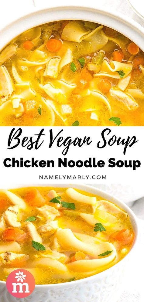 This easy vegan chicken noodle soup is made with minimal ingredients and tastes just like the real thing. Make it your go-to lunch or dinner meal! #vegan #plantbased #soup #vegansoup #namelymarly #chickennoodlesoup #meatlessmonday Simple Soup Recipes 5 Ingredients Vegetarian, Vegan Chicken Noodle Soup Instant Pot, Vegan Creamy Chicken Noodle Soup, Egg Noodle Soup Recipes Vegetarian, Vegan Chicken Noodle Soup Crockpot, Vegan Vegetable Noodle Soup, Vegan Ramen Noodle Soup, Vegan Chicken Noodle Soup Easy, Chicken Noodle Soup Vegetarian