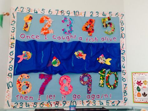 Counting to 10 wall display using the nursery rhyme 1 2 3 4 5 .. Foundation phase children's work Nursery Rhyme Display Boards, Baby Room Display Boards, Interactive Display Boards, Frog Nursery, Nursery Rhymes Preschool, March Activities, Display Boards, School Displays, Interactive Display