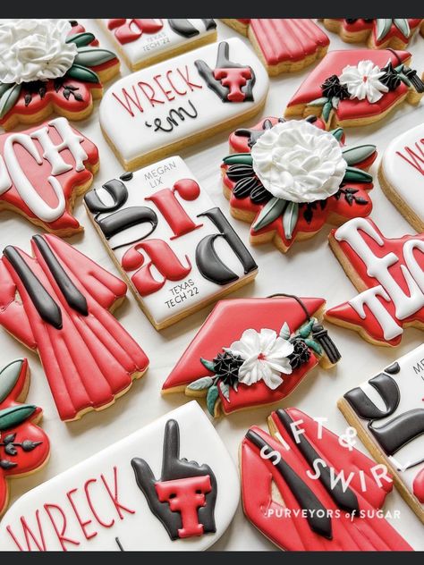 Utsa Graduation Cookies, Graduation Cookies Decorated 2023, Class Of 2023 Cookies Decorated, Texas Tech Cookies Decorated, College Cookies Decorated, 2024 Grad Cookies, Graduation Decorated Sugar Cookies, Royal Icing Graduation Cookies, Graduation Sugar Cookies Decorated