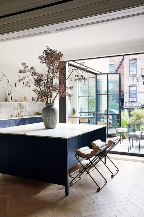 No Upper Cabinets, Brooklyn Kitchen, Brooklyn Townhouse, Townhouse Interior, Athena Calderone, Low Sofa, Live Beautiful, Brooklyn Apartment, Marble Columns