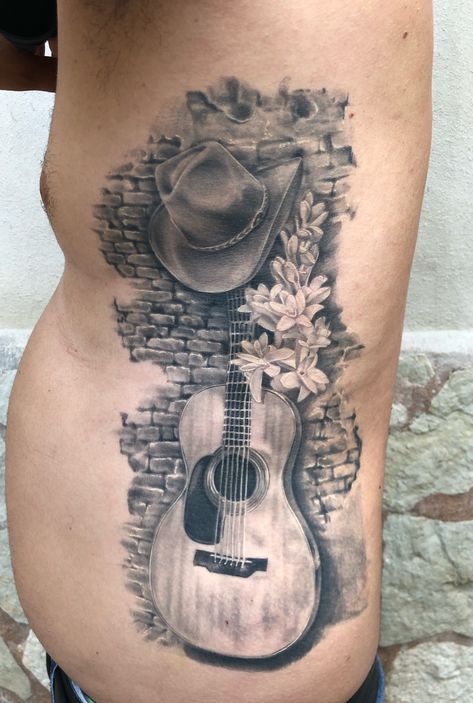 Guitar Remembrance Tattoo, Realistic Guitar Tattoo, Guitar Memorial Tattoo, Country Music Tattoos, Grave Tattoo, Guitar Tattoos, Cowboy Hat Tattoo, Acoustic Guitar Tattoo, Tattoos For Dad Memorial