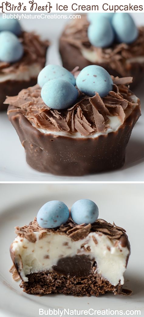 {Birds Nest} Ice Cream Cupcakes!  Chocolate dipped ice cream cupcakes with a chocolate bird's nest on top~ Ice Cream Cupcakes, Cream Cupcakes, Mood Food, Nutella Recipes, Easter Inspiration, Birds Nest, Chocolate Shavings, Easter Treats, Bird Nest