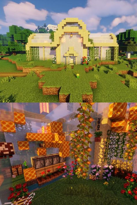 Bee Farms Minecraft, Bee Farm Ideas Minecraft, Minecraft Bee Hive Ideas, Minecraft Bee Farm Design, Minecraft Bee Greenhouse, Skyblock Builds, Minecraft Bee Hive Build, Bee Enclosure Minecraft, Bee Minecraft Build