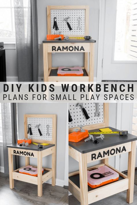 These DIY kids workbench plans will show you how to build a play workbench that will fit in small play spaces. #kidsworkbench #woodworking #playworkbench #diyprojects #diyideas #diyinspiration #diycrafts #diytutorial #diy Kids Tool Bench Diy, Diy Kids Tool Bench, Diy Kids Workbench, Ikea Hack Kids, Kids Tool Bench, Kids Workbench, Diy Kids Table, Diy Kids Furniture, Workbench Plans Diy