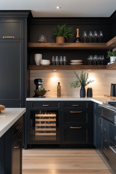 black kitchen cabinets Black Matt Kitchen Cabinets, Galley Kitchen With Black Cabinets, Contemporary Kitchen Colors, Kitchen Backsplash Ideas With Black Cabinets, Black Kitchen Units, Black Grey Kitchen Ideas, Black Cabinets With Black Hardware, Black Cabinets In Kitchen, Minimalist Kitchen Dark