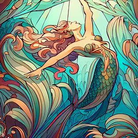 Art Nouveau Mermaid, Mermaid Art Nouveau, Iphone Backgrounds Nature, Mucha Mermaid, Underwater Mermaid Painting, Art Nouveau Underwater, Psychadelic Art Nouveau, Peter And The Starcatcher, Mermaid Decor