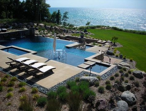 Multi Level Pool, Scullery Kitchen, Dry Stream, Awesome Pools, Lake Landscaping, Moderne Pools, Pool Landscaping Ideas, Pool Design Ideas, Pool Landscape Design