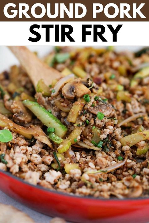 Easy keto ground pork stir fry recipe final shot with title text. Ground Pork Stir Fry Recipes, Taco Stromboli, Keto Ground Pork, Ground Pork Stir Fry, Easy Dinner Recipes For One, Tacos Pork, Shredded Pork Recipes, Pork Broccoli, Pork Stir Fry Recipes