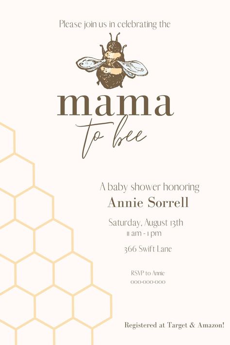 Completely customizable Mama to Bee Baby Shower Invitation. Digital File will be delivered with a link to template and instructions on downloading and printing! Mamma To Bee, Mama To Bee Baby Shower Ideas, Honeybee Baby Shower Theme, Mommy To Bee Baby Shower Theme, Momma To Bee, Bee Themed Baby Shower Ideas, Baybee Shower, Mama To Bee, Bebe Shower