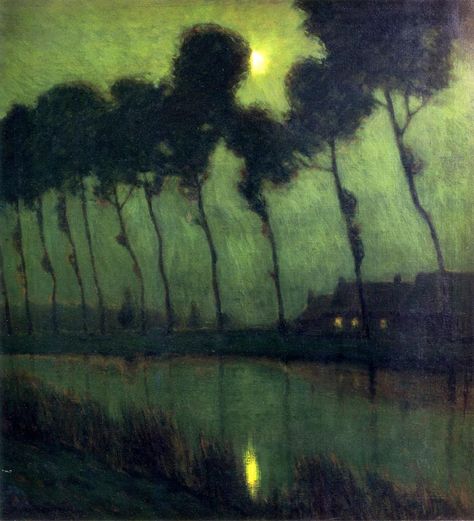 Charles Warren Eaton, Bruges Moonlight, c.1910 Art Et Illustration, Fairytale Art, Art And Illustration, Gustav Klimt, Henri Matisse, Tree Art, Claude Monet, Abstract Landscape, Full Moon