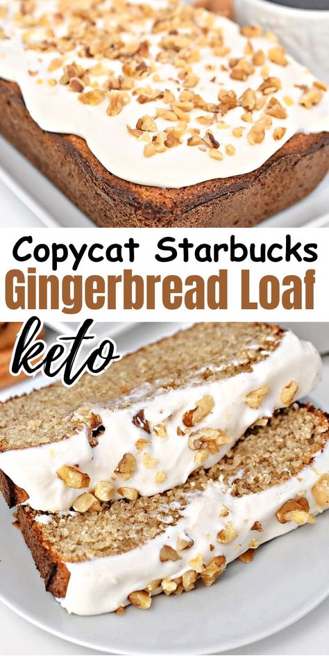 Keto Copycat Starbucks Gingerbread Loaf - Easily turn down the Starbucks loaf and make it at home! This keto gingerbread loaf is sweet and nutty and perfectly moist. #keto #Ketorecipes #Ketodiet #Ketostarbuckscopycat #ketogingerbreadloaf #gingerbread #holidayrecipes #ketodesserts #food #recipes Keto Gingerbread Cake, Starbucks Gingerbread Loaf Recipe, Starbucks Gingerbread Loaf, Keto Loaf, Gingerbread Loaf Recipe, Keto Gingerbread, Stylish Cravings, Low Carb Gingerbread, Keto Starbucks