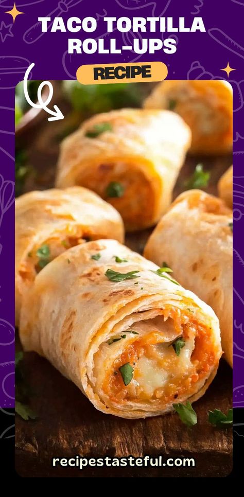 These Taco Tortilla Roll-Ups are the perfect party appetizer or snack! Packed with creamy filling, taco seasoning, tender chicken, and shredded cheese, they’re sure to please any crowd. Perfect for game days, family gatherings, or casual get-togethers, these roll-ups are easy to make and can be prepared ahead of time. Serve with your favorite dips like salsa, guacamole, or sour cream for an added burst of flavor! #TacoTortillaRollUps #PartySnacks #Appetizers #MexicanFood #EasyRecipes #SnackIdeas Mexican Tortilla Roll Ups, Mexican Rollups Appetizers, Mexi Rolls Taco Johns Recipe, Baked Tortilla Roll Ups, Things To Make With Flour Tortillas, Pizza Roll Ups Tortilla, Taco Roll Ups Tortilla, Tortilla Game, Tortilla Roll Ups Cream Cheese