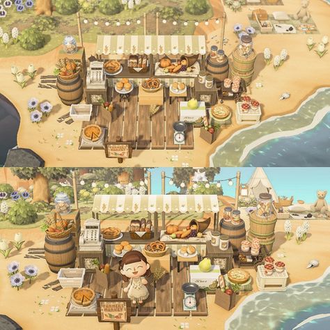 Animal Crossing Natural Island Ideas, Acnh Cottagecore Market, Animal Crossing Build Ideas Cottagecore, Cottagecore Island Ideas, Acnh Diy Station, Acnh Tent Ideas, Acnh Eating Area, Animal Crossing Cottage Core Ideas, Acnh Island Theme Ideas List