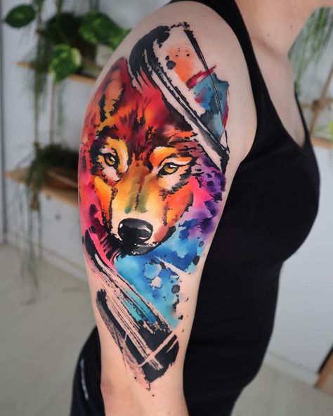 Colored Wolf Tattoo, Color Wolf Tattoo, Artistic Wolf Tattoo, Wolf Tattoo Colorful, Wolf Portrait Tattoo, Wolf Colors, Fire Tattoo, Tattoo Supplies, Neo Traditional