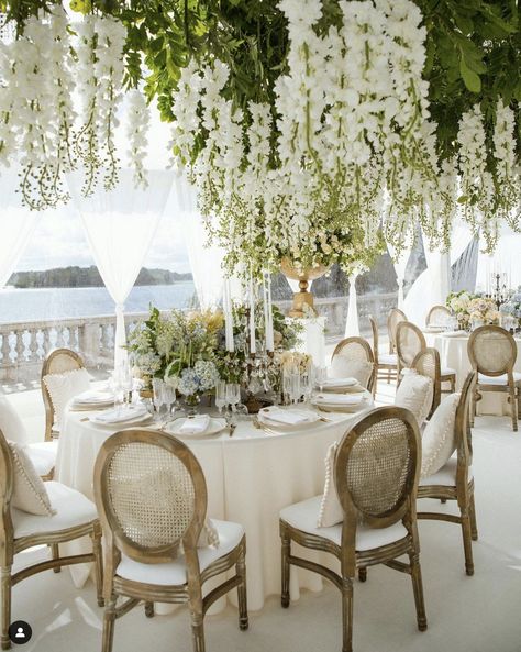 Coastal Wedding Reception Decor, Old Money Coastal Wedding, White And Green Hanging Flowers Wedding, Wedding Venue Beach Aesthetic, Italy Moodboard, Coastal Wedding Reception, Grand Island Mansion Wedding, Marriage Aesthetic, French Chateau Wedding Flowers