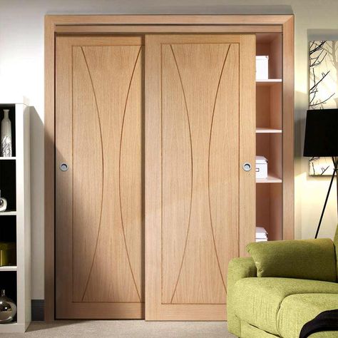 Thruslide Verona Oak Flush Panel 2 Door Wardrobe and Frame Kit  - Lifestyle Image.    #slidingdoor #wardrobe Wardrobe Door Designs Laminate, Shaker Wardrobe Doors, Fitted Wardrobe Doors, Townhome Ideas, Wardrobe Sliding, Glass Wardrobe, Wardrobe Door Handles, Wardrobe Door Designs, Sliding Wardrobe Doors