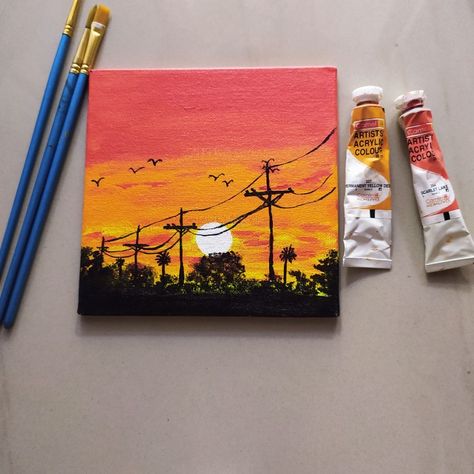 Sunset Mini Painting, Mini Canvas Sunset, Acrylic Easy Painting, Sunset Drawing Easy, Sunset Acrylic, Poster Color Painting, Sunset Painting Acrylic, Japanese Ink Painting, Sky Art Painting