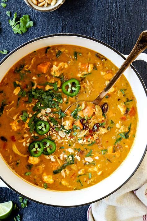 African Peanut Stew + Video (prep ahead and vegan options) African Peanut Soup With Chicken, African Peanut Stew Chicken, African Chicken Peanut Stew, African Soups And Stews, African Stew Recipes, Ground Nut Stew, Thai Peanut Soup, African Peanut Soup Recipe, West African Peanut Stew