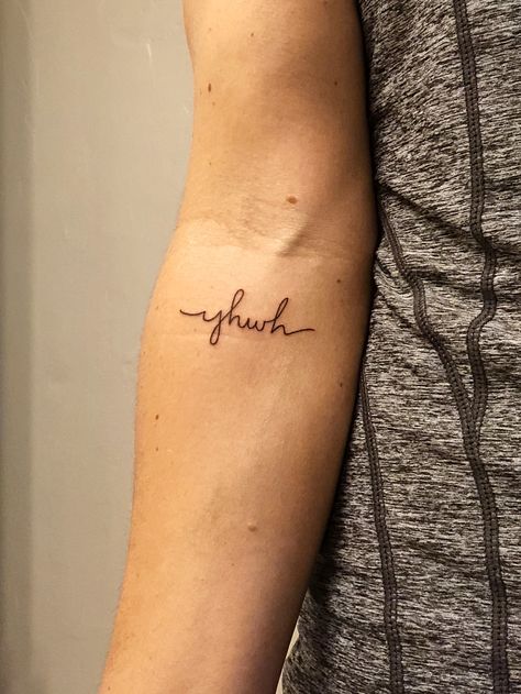 YHWH tattoo Yahweh  I AM Faith Quote Tattoos For Women, Minimalist Tattoo Faith, Yhwh Tattoo Cursive, Yahweh Rapha Tattoo, Yahweh Tattoos For Women, Yah Weh Tattoo, Simple Tattoos With Meaning Christian, Ywhw Tattoo Ideas, Ywhw Tattoo Lungs