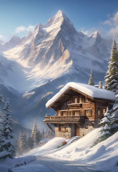 swiss chalet haven Check more: https://paintlyx.com/swiss-chalet-haven/ Swiss Chalet Exterior, Chalet Exterior, Cabin In The Mountains, Swiss Chalet, Mountain Cottage, Snow Mountain, Camping Art, Winter Landscape, Christmas Inspiration