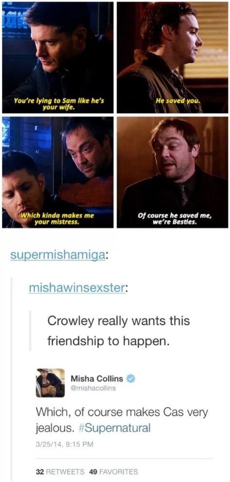 Crowley And Dean, Crowley Funny, Crowley Spn, Crowley Supernatural, Spn Memes, Z Nation, Supernatural Memes, Winchester Brothers, Boku No Hero Academia Funny