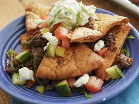 Jeff Mauro's Greek-Style Nachos Beauty, as seen on The Kitchen, Season 37. Greek Nachos, Katie Lee Biegel, Dill Pickle Dip, Jeff Mauro, Geoffrey Zakarian, The Kitchen Food Network, Sunny Anderson, Pickle Dip, Winning Recipes