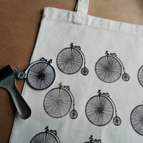 Penny Farthing, Handbag Storage, Hand Printed Fabric, Vintage Bicycle, Printing Ink, Vintage Bicycles, Block Printing, Hand Print, Printed Bags