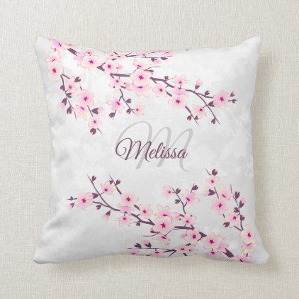 Pink Stripes Background, Cherry Blossom Decor, Monogram Throw Pillow, Cushion Cover Designs, Sakura Cherry Blossom, Personalized Pillows, Modern Gift, Pink Gifts, Floral Gifts