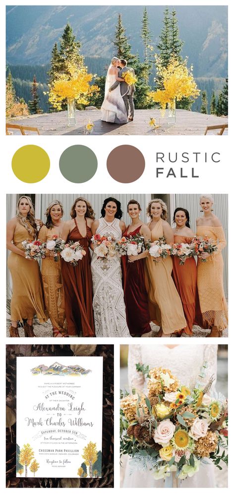 Inspiration for any Rocky Mountain fall wedding! Beautiful mountainscovered in golden fall foliage along with yellow aspens. Tasteful rustic accents of pinecones and tan buffalo plaid mixed in with the earthy fall palette of yellows, amber, and rust. Mountain Fall Wedding, Mustard Yellow Wedding, Fall Mountains, Fall Mountain Wedding, Pallet Wedding, Aspen Wedding, Fall Palette, Rustic Fall Wedding, Neutral Wedding