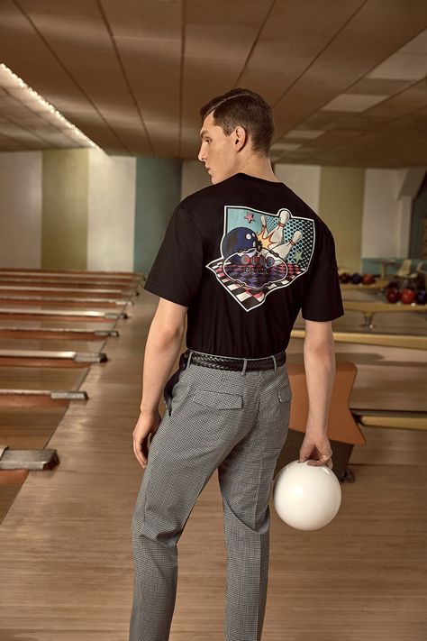 Prada x MR PORTER 2018 Lookbook Collaboration Bowling Inspired Collection Capsule Collaboration For Sale Availability Pricing Release Information Bowling Outfits Casual, Graphic Tee Outfit Men, Trousers Outfit Men, Bowling Outfit, Latest Clothes For Men, Vintage Hollywood Glamour, Mens Fashion Editorial, Graphic Tee Style, Graphic Tee Outfits