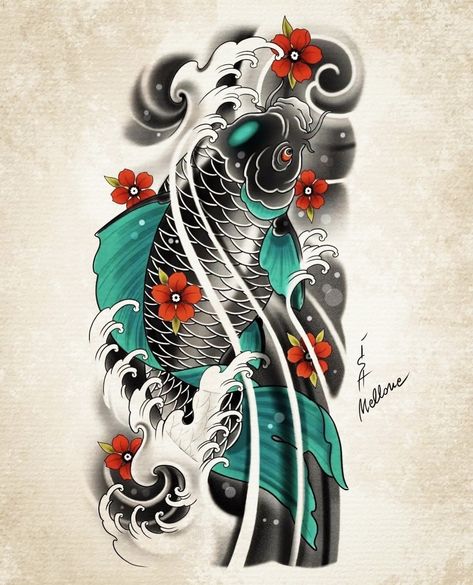 Dragon Koi Tattoo Design, Tato Irezumi, Koi Dragon Tattoo, Tattoo Fish, Japanese Leg Tattoo, Koi Tattoo Sleeve, Japanese Tattoos For Men, Tattoo Japanese Style, Koi Tattoo Design