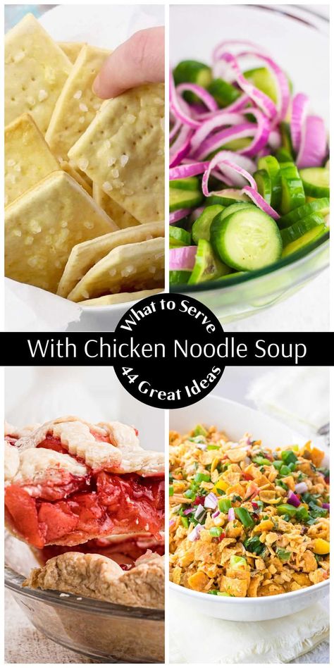 Wondering what to serve with chicken noodle soup? Here are 44 great ideas for sides, desserts, garnishes, and more! What To Eat With Chicken Noodle Soup, Best Noodles For Chicken Noodle Soup, What Goes With Chicken Noodle Soup, Sides For Chicken Noodle Soup, Chicken Noodle Soup Sides, What To Serve With Chicken Noodle Soup, Chicken Noodle Soup Sides Dishes, Single Serve Chicken Noodle Soup, Chicken Noodle Soup With Fine Egg Noodles