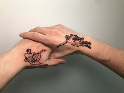 tattoo on the hands, micro ralism, creation of Adam Micro Realism Hand Tattoo, Micro Realism Tattoo, Micro Realism, Partner Tattoos, The Creation Of Adam, Angel Tattoo Designs, Elephant Tattoos, Angel Tattoo, Realism Tattoo