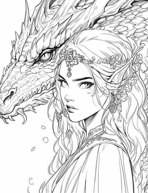 49 Majestic Dragon Coloring Pages For Kids And Adults - Our Mindful Life Dragon And Person Drawing, Elf Tattoo Ideas, Magical Coloring Pages For Adults, Dragon Ideas Drawing, Dnd Character Coloring Pages, D&d Coloring Pages, Drawing To Color In, Mythical Coloring Pages, Drawings To Color In