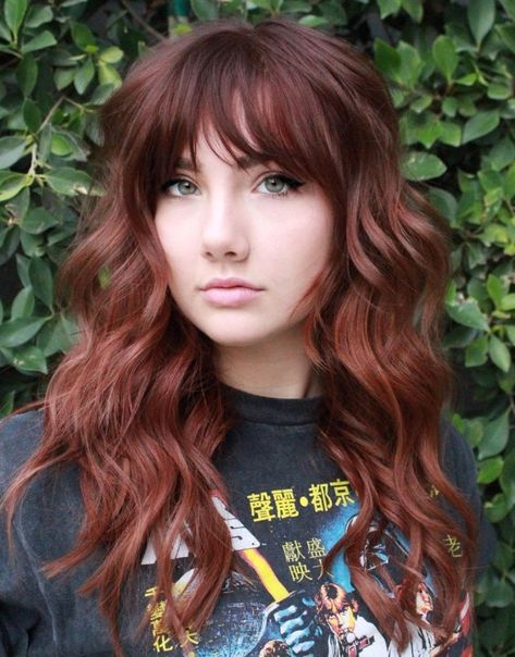 Girls Haircut With Bangs Kids Long, Medium Red Hair With Bangs, Auburn Hair Color With Bangs, Copper Hair Fringe, Long Dark Red Hair With Bangs, Mid Length Red Hair With Layers, Medium Length Haircut For Girls Kids, Wispy Bangs Red Hair, Redhead With Bangs