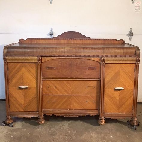 Waterfall Buffet Makeover, How To Restain Wood, Waterfall Buffet, Waterfall Furniture, Art Deco Buffet, General Finishes Gel Stain, Gel Stains, Waterfall Dresser, Restoring Old Furniture