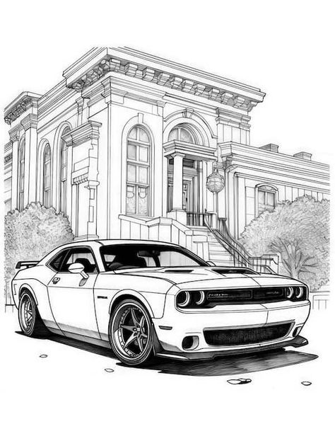 Dodge Challenger and mansion coloring page Car Coloring Pages, Coloring Page Ideas, Page Ideas, Coloring Page, Dodge, Coloring Pages, Colouring Pages