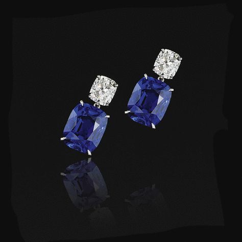 Pair of sapphire and diamond earrings | lot | Sotheby's Sapphire Blue Earrings, Blue Diamond Earrings, Sapphire Jewelry Set, Sapphire Jewellery, Blue Sapphire Earrings, Diamond Tops, Diamond Jewelry Earrings, Tiaras Jewellery, Diamond Bracelet Design