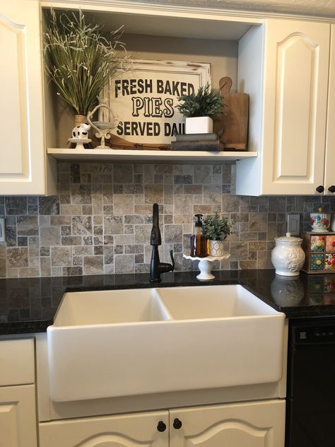 Farmhouse sink, backsplash, and above sink decoration. No Kitchen Window Above Sink, Decorating Above Kitchen Sink No Window, Wall Above Kitchen Sink No Window, Over The Sink Decor No Window, How To Decorate Around Kitchen Sink, No Window Over Sink Ideas, Above Sink Wall Decor, Above Sink Kitchen Decor, Over Kitchen Sink Decor No Window