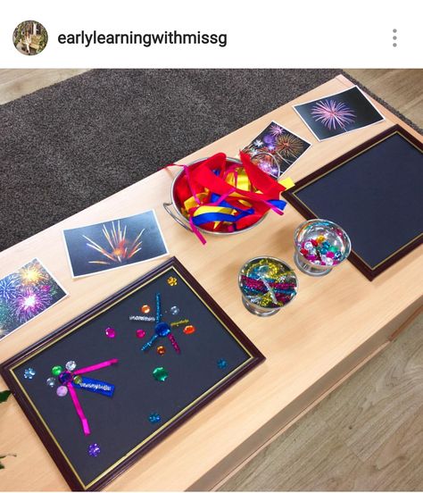 Firework transient art - photo courtesy of earlylearningwithmissg on Instagram. Firework Art Eyfs, Bonfire Night Art For Kids, Transient Art Eyfs, Bonfire Night Continuous Provision, Fireworks Eyfs Activities, Bonfire Night Eyfs Activities, Firework Activities Eyfs, Diwali Tuff Tray Ideas, Bonfire Night Eyfs