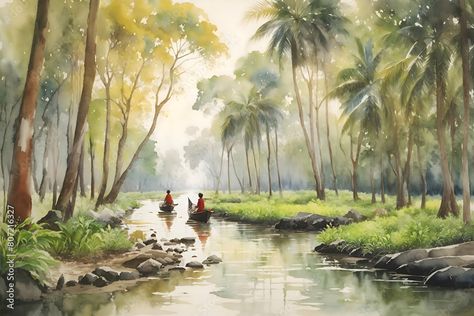 The Sundarbans forest Bangladesh Country Landscape Illustration Art Stock Illustration | Adobe Stock Sundarbans Forest, Country Side Scenery, Bangladesh Drawing, Landscape Illustration Art, Mangrove Forest, Country Landscape, Scenery Paintings, Country Landscaping, Landscape Illustration