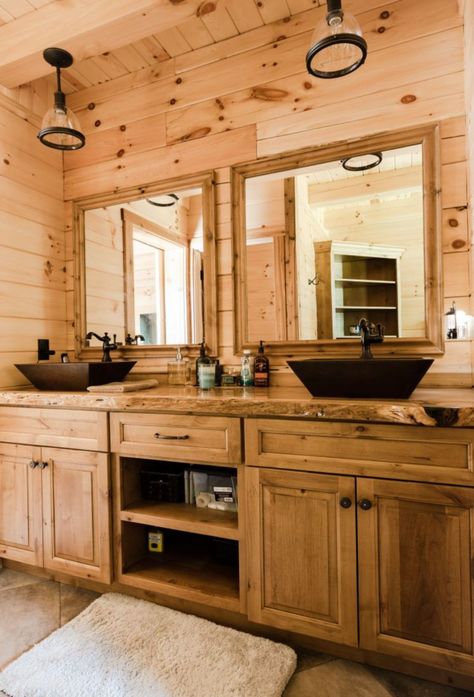 The Boston Mill log cabin tour showcases a stunning modern kitchen, rustic spaces, pool, and tons of stunning woodwork. Log Bathroom, Log Home Bathrooms, Log Home Bathroom, Log Cabin Bathroom, Log Home Flooring, Log Home Builders, Timber Logs, Log Cabin Living, Log Home Living