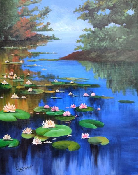 River scene landscape with lotus and in blue. Lotus Pond Acrylic Painting, Watercolor Pond Landscape Paintings, Pond Landscaping Painting, Pond Landscape Painting, Lotus Pond Painting, Tree Frog Art, Pond Drawing, Mughal Garden, Painting Lotus