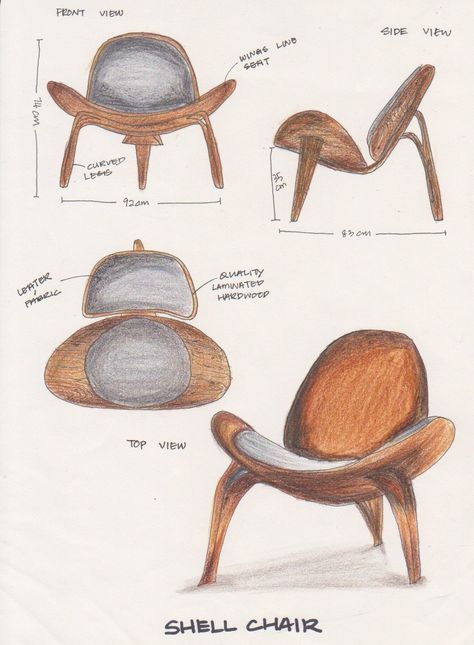 chair design by Hans Wegner Hans Wegner Shell Chair, Luxurious Chair, Organic Chair, Famous Chair, Interior Design Sketchbook, Chair Diy, Adirondack Chair Plans, Curved Chair, Minimalist Chair