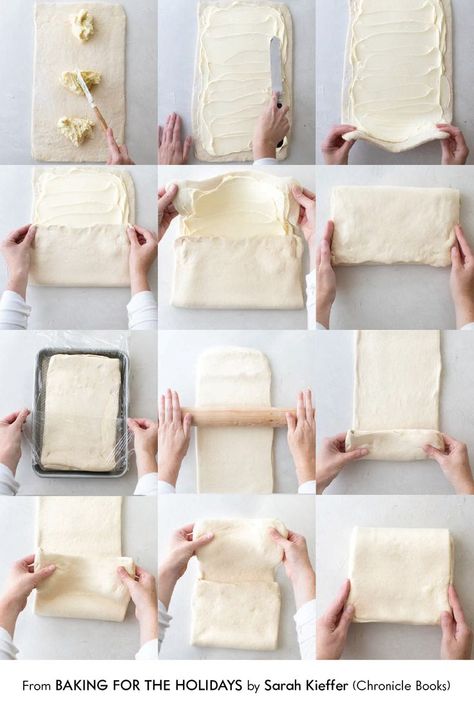 showing each step in making croissant dough Things To Make With Croissant Dough, Croissant Dough Recipe Ideas, Laminated Dough Recipe, Croissant Dough Sheet Recipes, Laminated Dough, Laminated Pastries, Basic Pastry Dough, How To Fold Pastry Dough, Crossant Recipes