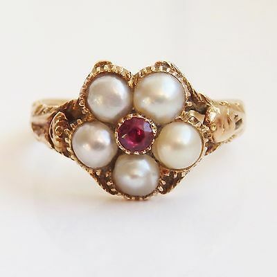 Antique Georgian 15ct Gold Ruby & Pearl Floral Cluster Ring c1835. Pearl Cluster Ring, Georgian Ring, Victorian Engagement Rings, Regency Period, Georgian Jewelry, Diy Jewelry Unique, Victorian Rings, Pearl Cluster, Ruby Jewelry