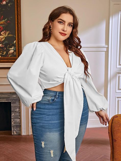 This shirt comes in 3 colors and ranges from size L-4XL. It's made with 100% Polyester and has no stretch. 
#ad 
Features: long sleeve, bishop sleeve, v neck, knot front, solid color, crop blouse. White Tops Outfit, Blouse Crop Top, Leather Shirt Dress, Plus Size Peplum, Blouse Crop, Affordable Plus Size Clothing, Pu Leather Skirt, Front Crop Top, Traje Casual