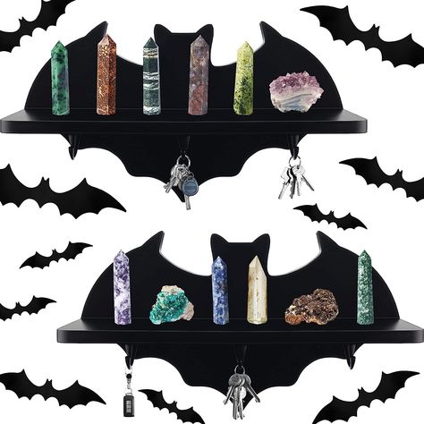 Wood Gothic Home Decor 2 Sets Wood Bat Shelf with 28 Pieces Plastic Bat Wall Stickers Wooden Bat Floating Shelves with Screws Wood Halloween Christmas Display Shelves Wall Decor Halloween Wall Decals Gothic Shelves, Bat Shelf, Crystal Decorations, Gothic Wall Decor, Gothic Room, Wood Bat, Bat Wall, Framed Plants, Wooden Floating Shelves